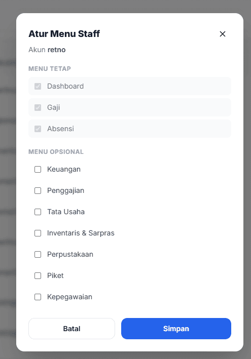 Kontrol Hak Akses & Menu Staf
